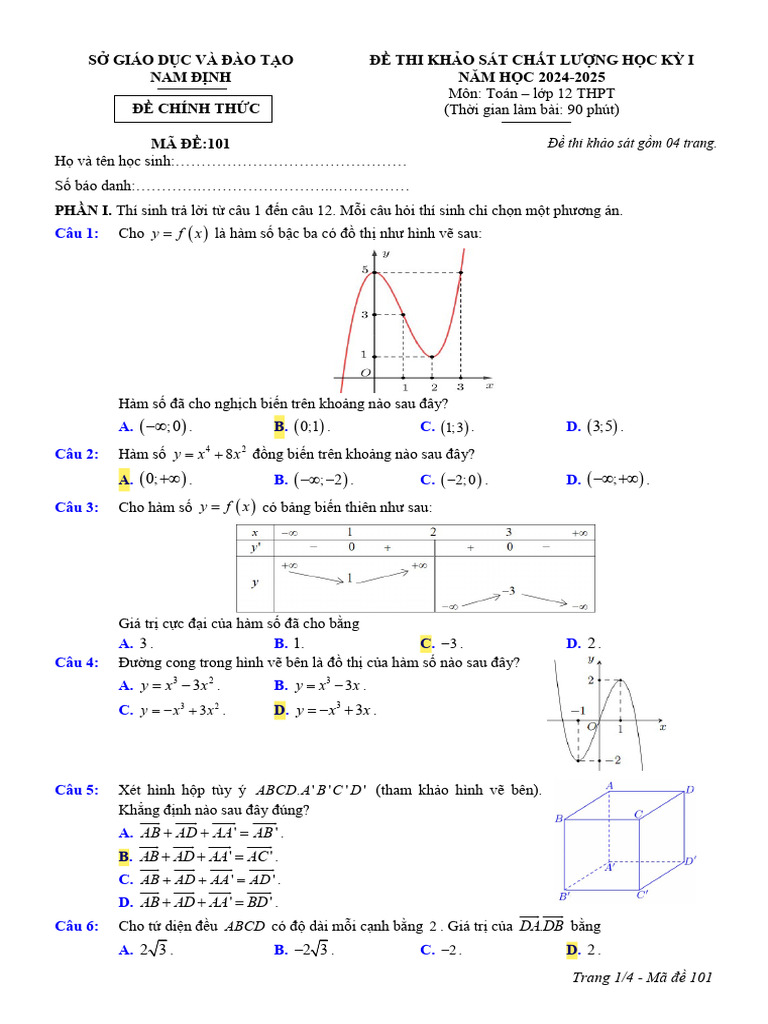 De Thi Hoc Ky 1 Toan 12 Nam 2024 2025 So GDDT Nam Dinh | PDF
