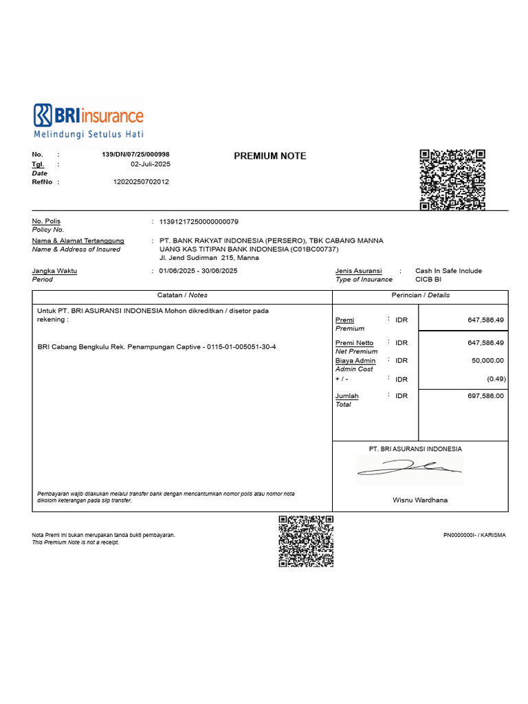 Premium Note for Insurance Policy 2025 | PDF | Banking | Banks