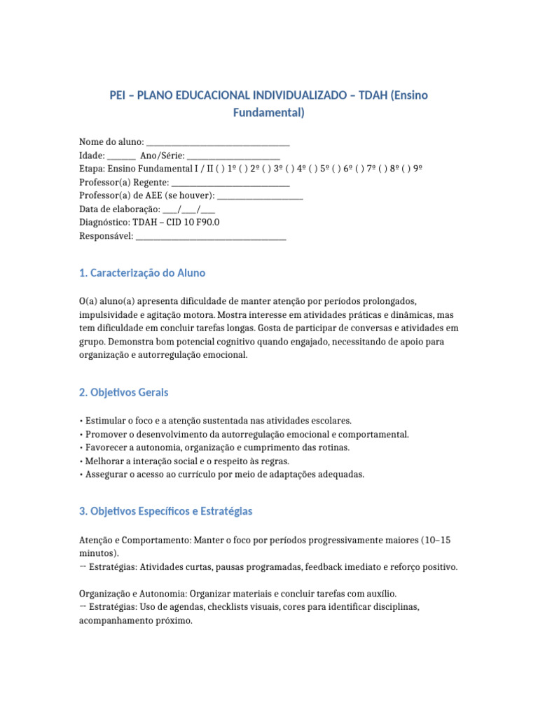 PEI para Alunos com TDAH no Ensino Fundamental | PDF | Transtorno de ...