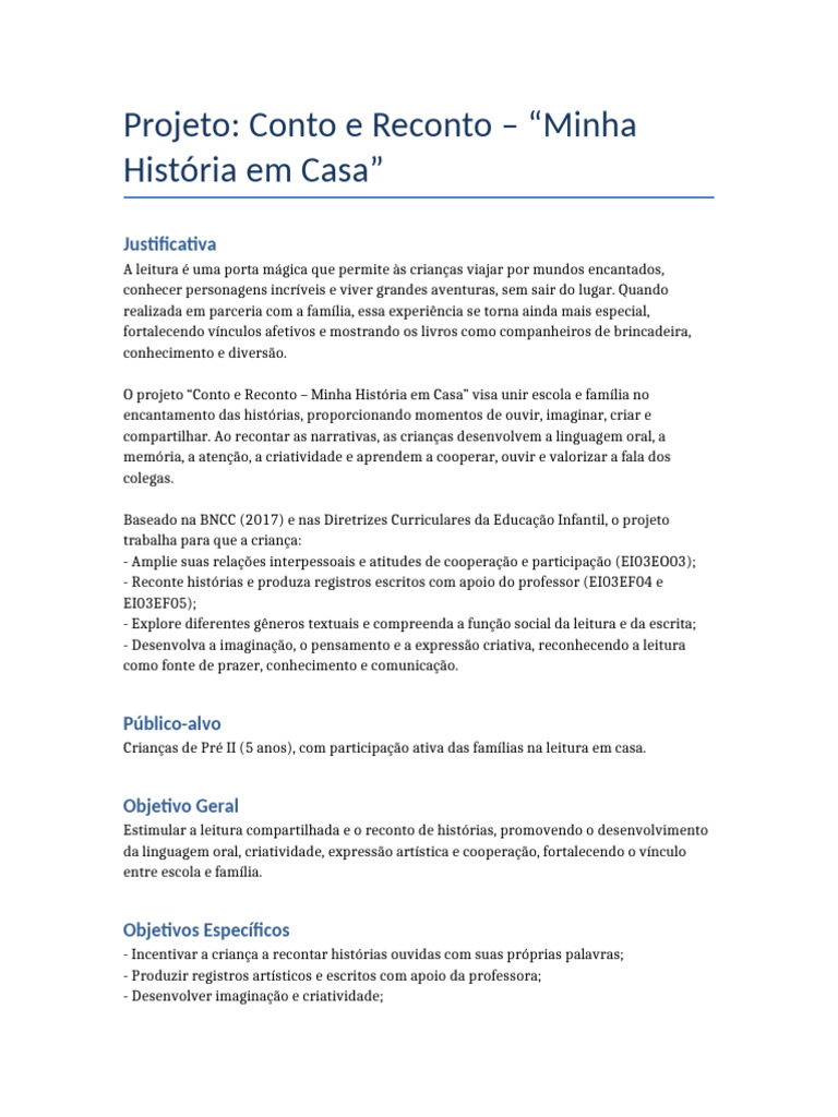 Projeto Conto e Reconto Minha Historia em Casa | PDF | Família | Livros