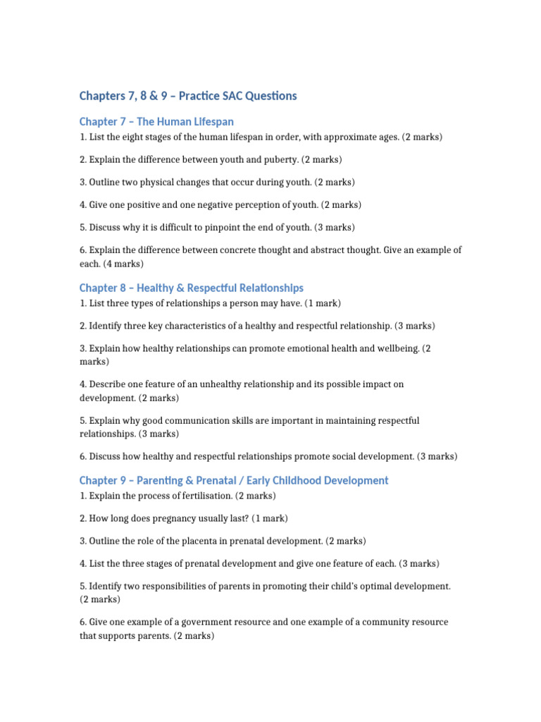 Practice SAC Questions on Lifespan & Relationships | PDF