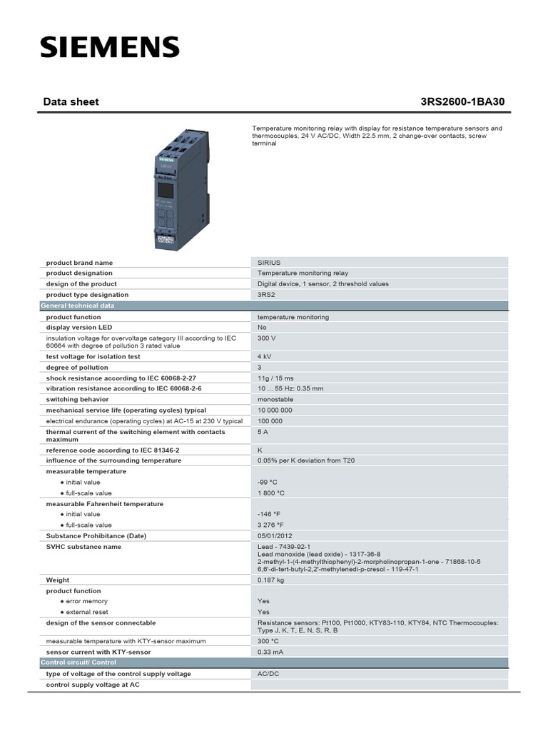 Siemens 3RS2600-1BA30 Relay Data Sheet | PDF | Relay | Alternating Current