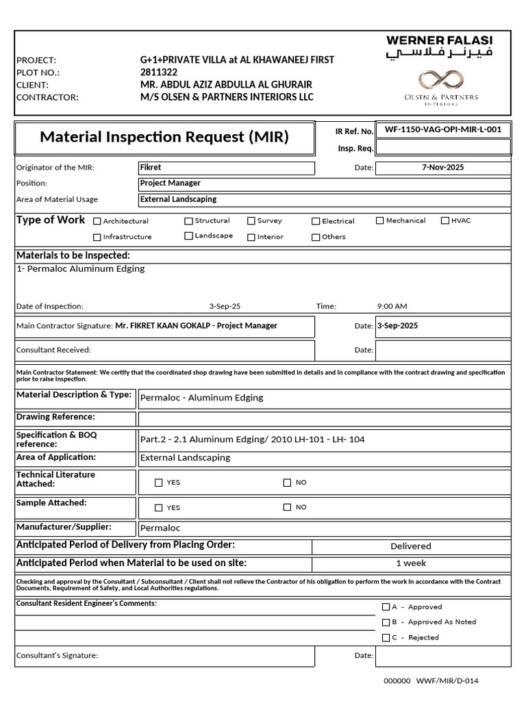 Material Inspection Request for Villa Landscaping | PDF