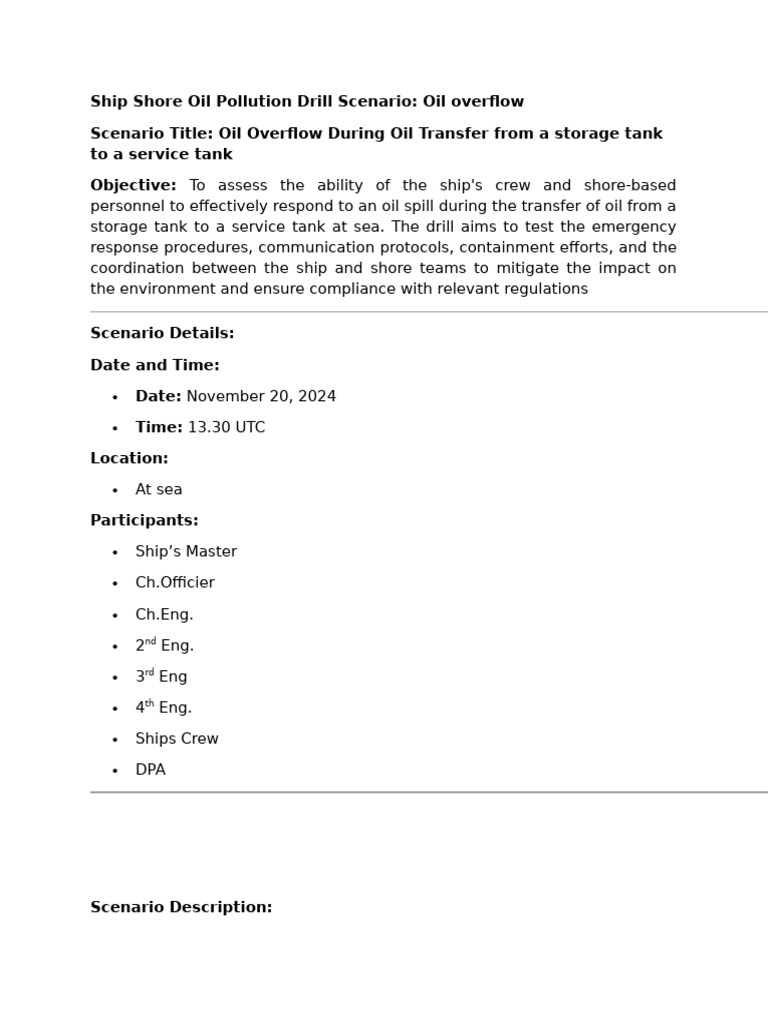 Oil Spill Response Drill Scenario | PDF | Oil Spill | Regulatory Compliance