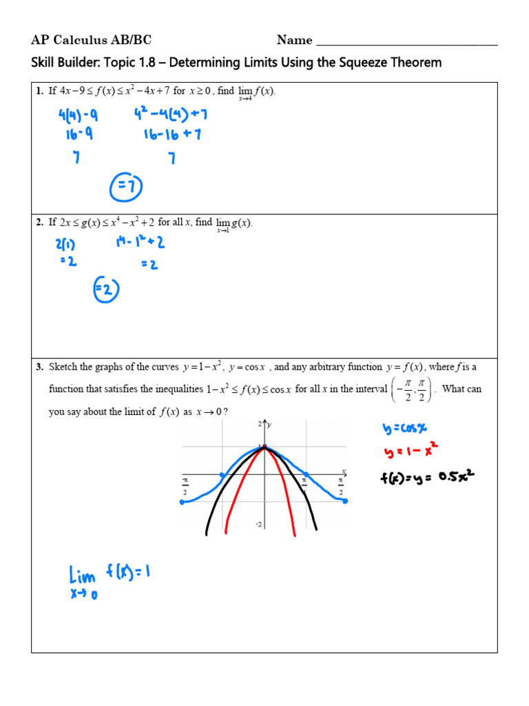 Squeeze Theorem Limit Calculations | PDF | Trigonometric Functions ...