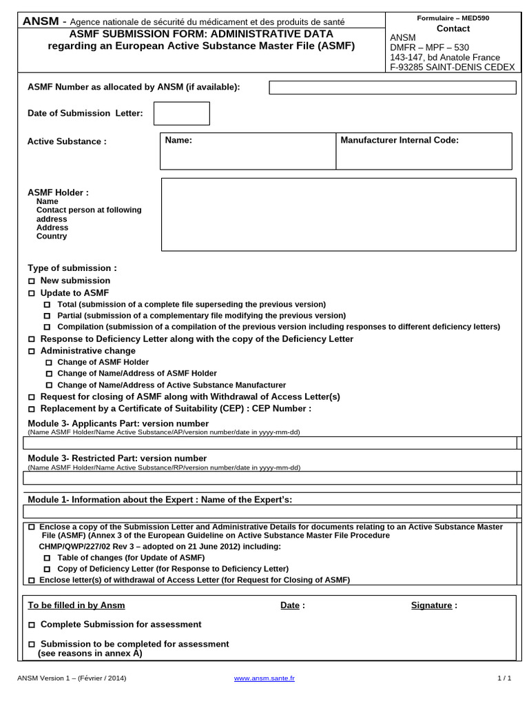 Submission of European Active Substance Master File Asmf Form 11-01 ...