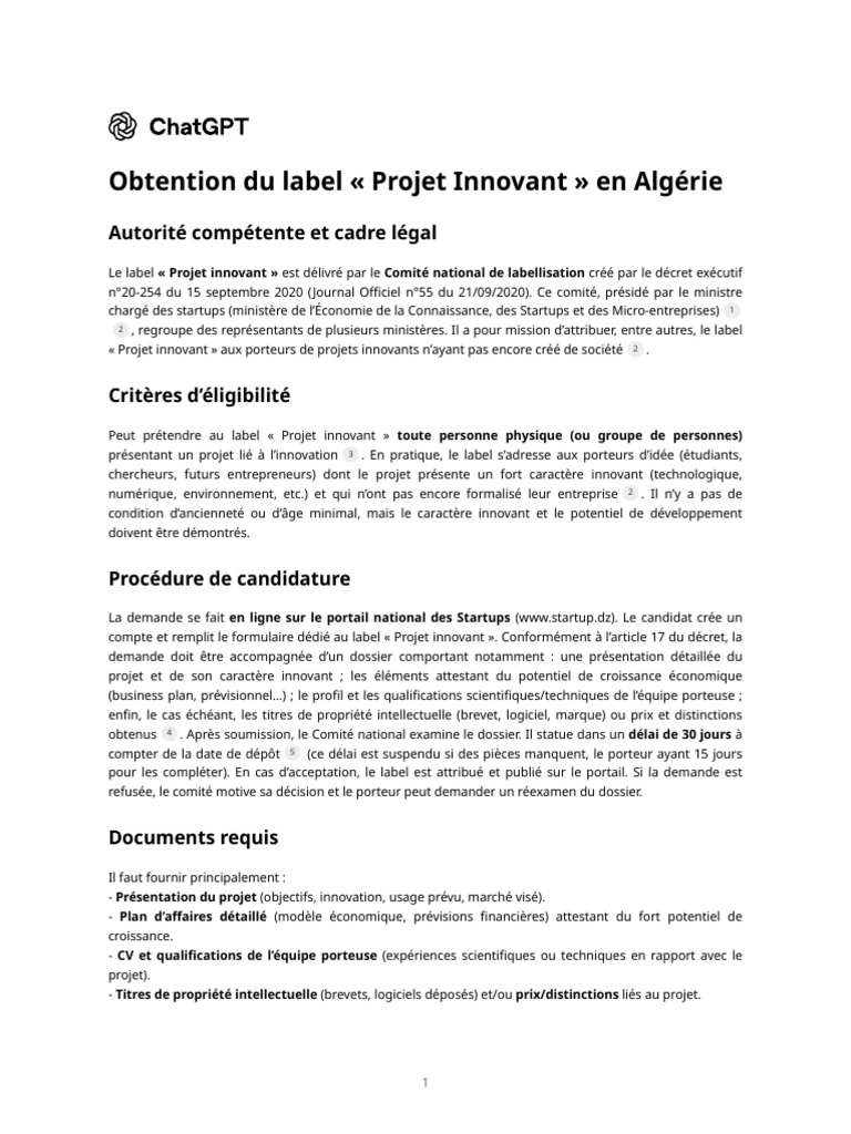 Obtention du label Projet Innovant en Algérie | PDF | Brevet ...