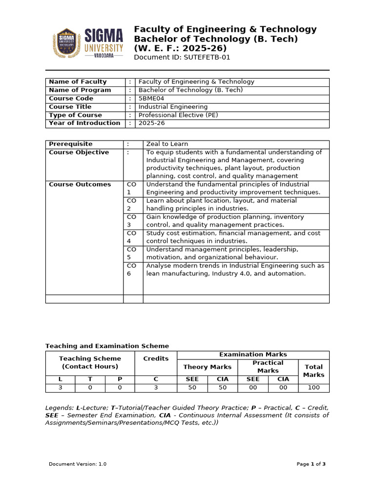B.Tech in Industrial Engineering Course | PDF | Industrial Engineering ...