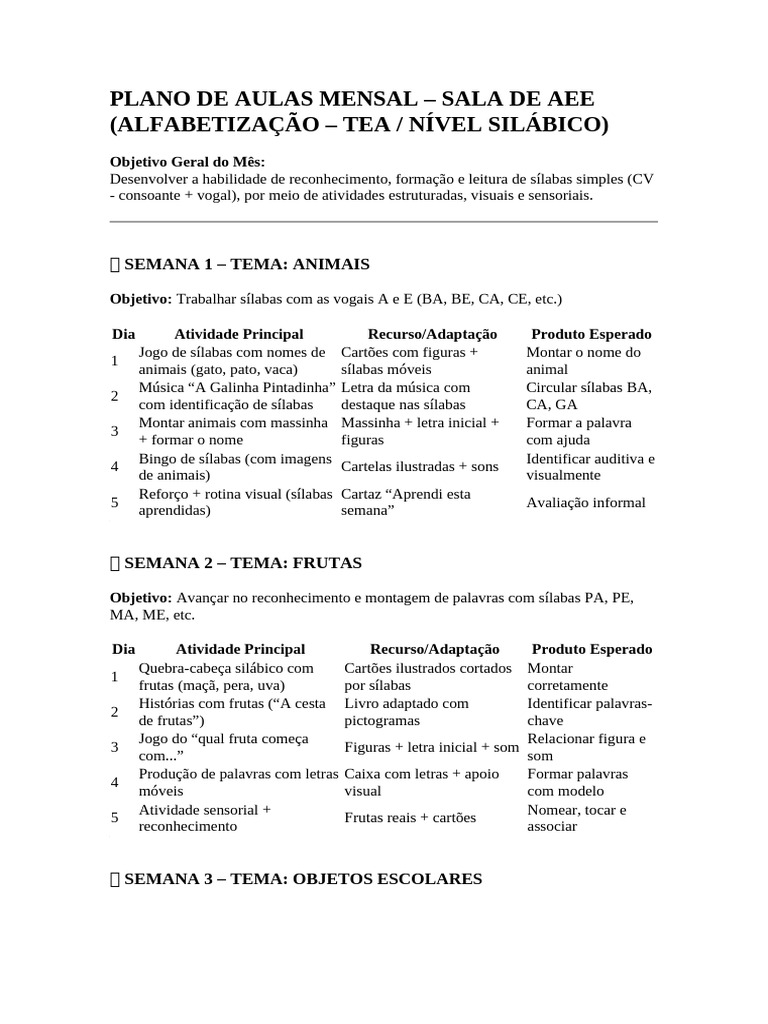 Plano de Aulas AEE: Alfabetização TEA | PDF | Escrita