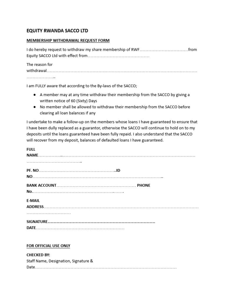 Equity Rwanda SACCO Membership Withdrawal Form | PDF