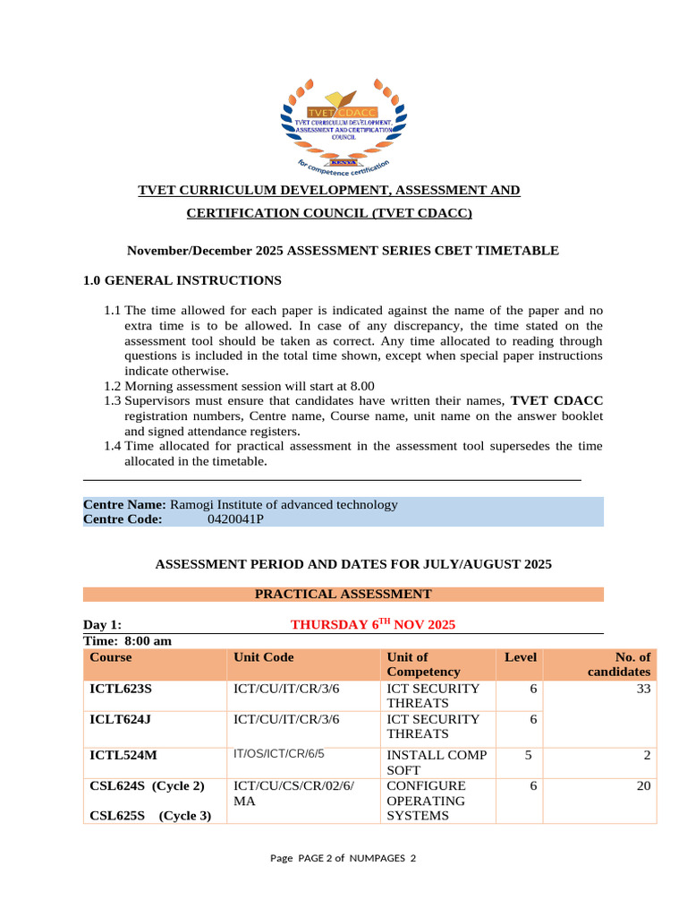 Computing and Informatics Assessment Timetable Updted | PDF ...
