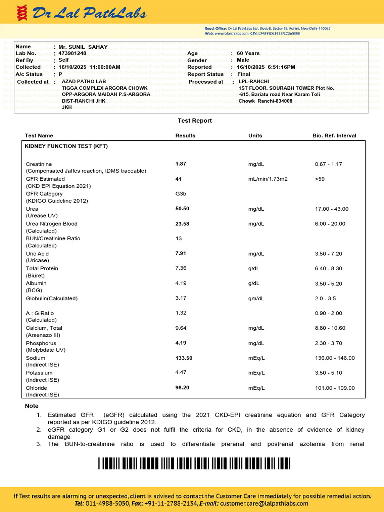 Kidney Function Test Report for Sunil Sahay | PDF | Internal Medicine ...