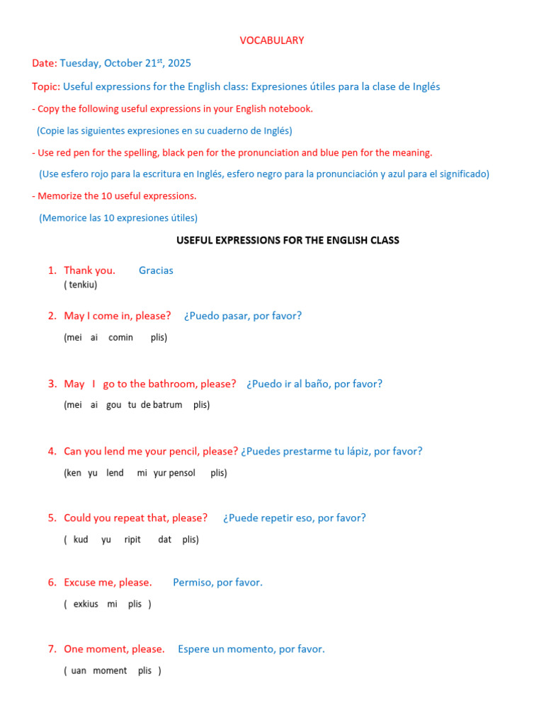 Expresiones útiles para clase de inglés | PDF