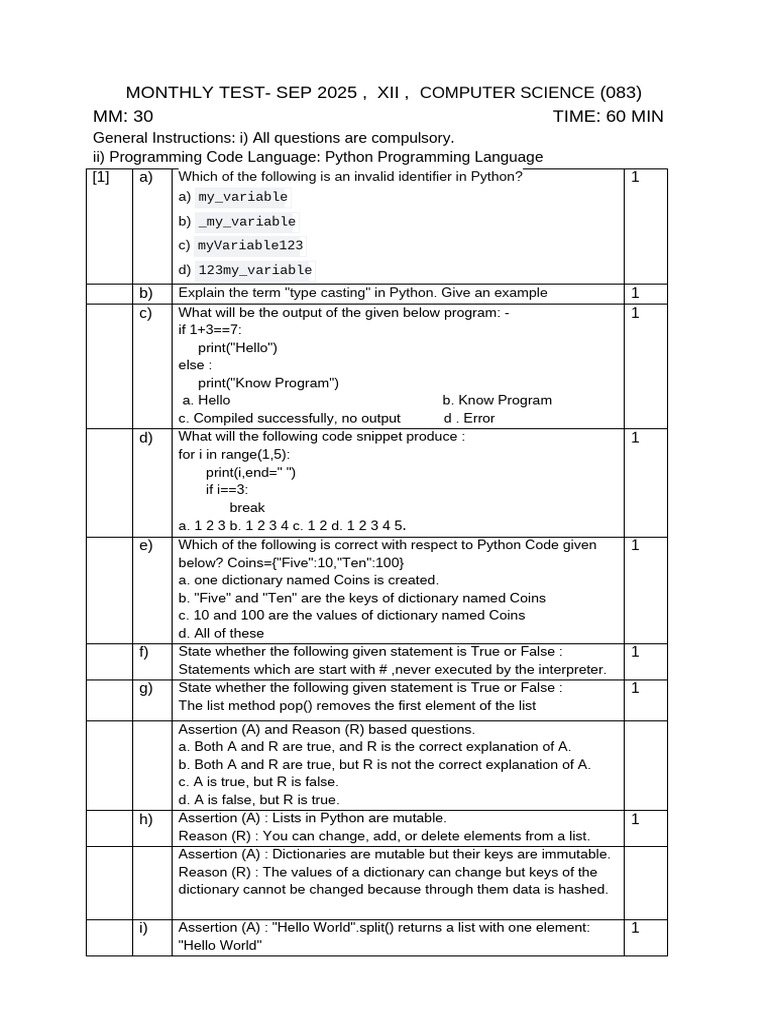 Python Programming Monthly Test - Sep 2025 | PDF | Computer Network ...