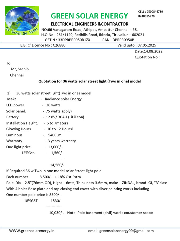 Solar Street Light Quotation - 36W Model | PDF | Solar Energy ...