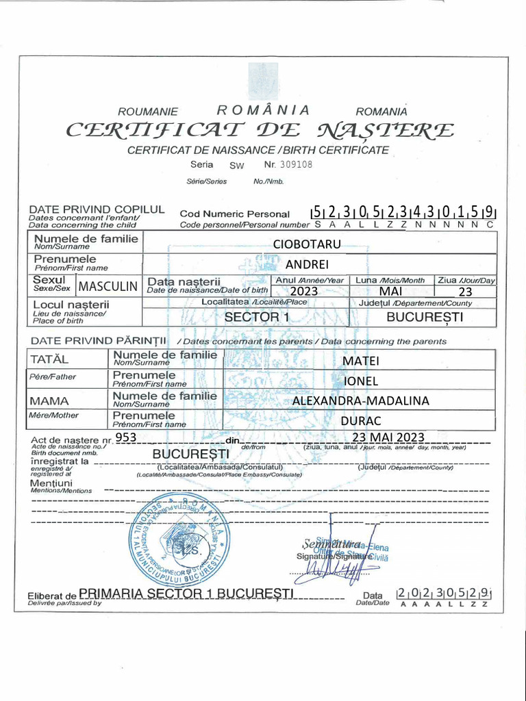 Certificat de naissance roumain 2023 | PDF | Onomastique
