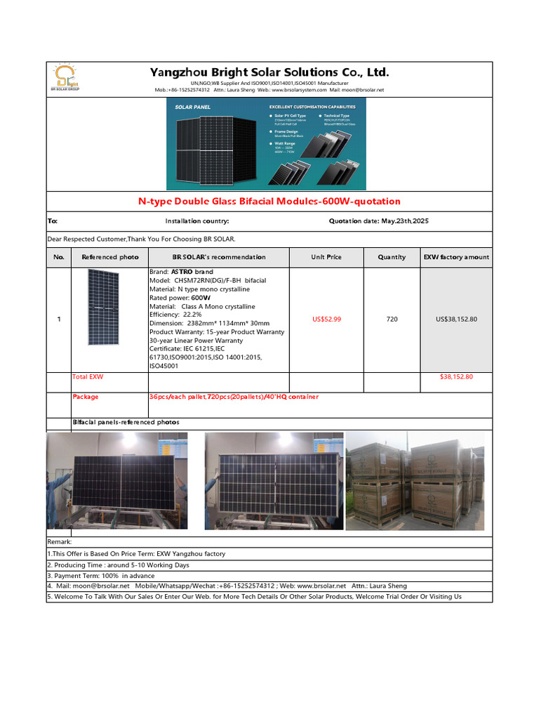 C BR SOLAR Double Glass Bifacial Modules 600W Quotation | PDF