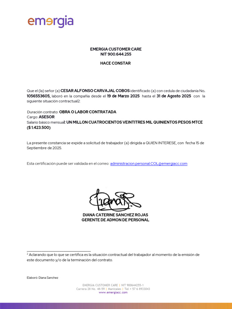 Certificado Laboral Emergia Cesar Alfonso Carvajal Cobos | PDF