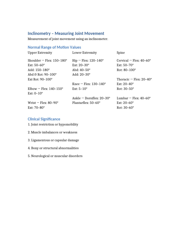 Inclinometry: Joint Movement Measurement | PDF