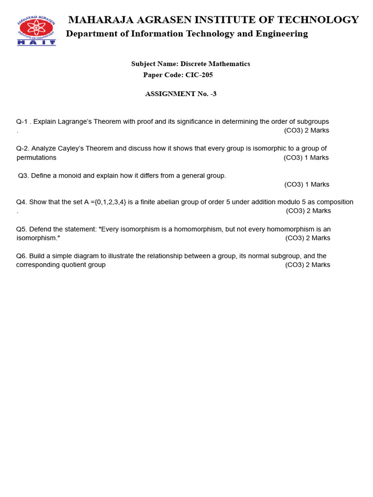 Discrete Mathematics Assignment on Group Theory | PDF