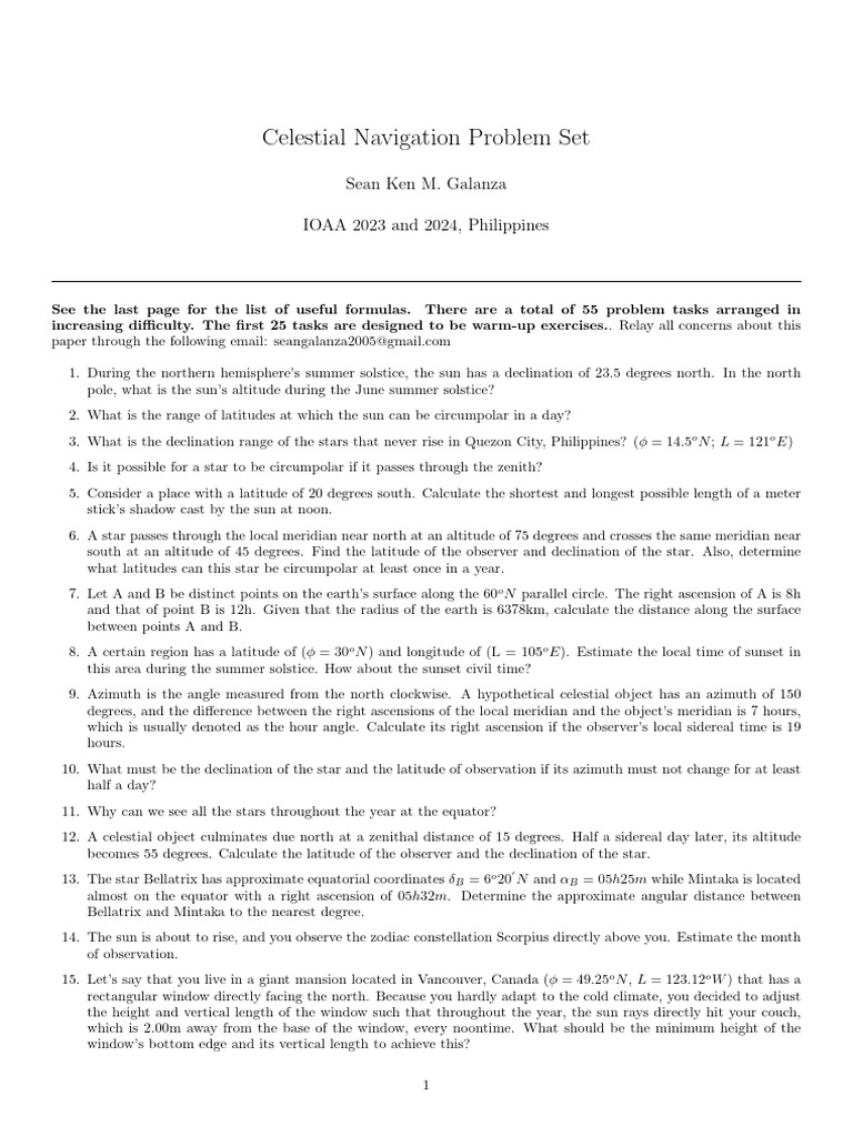 Celestial Navigation Problem Set 2023-2024 | PDF | Latitude | Azimuth
