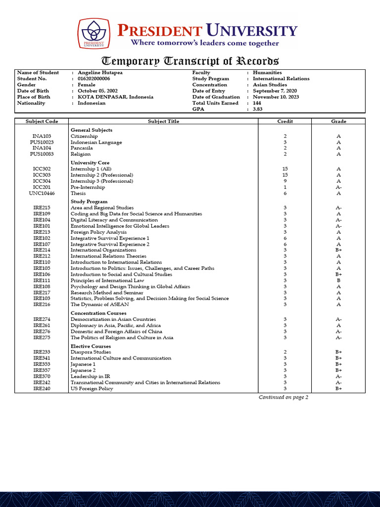 Temporary Transcript for Angeline Hutapea | PDF | Indonesia ...