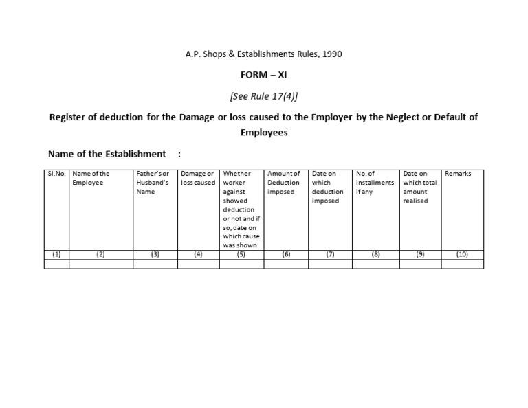 Employee Deduction Register Form XI | PDF