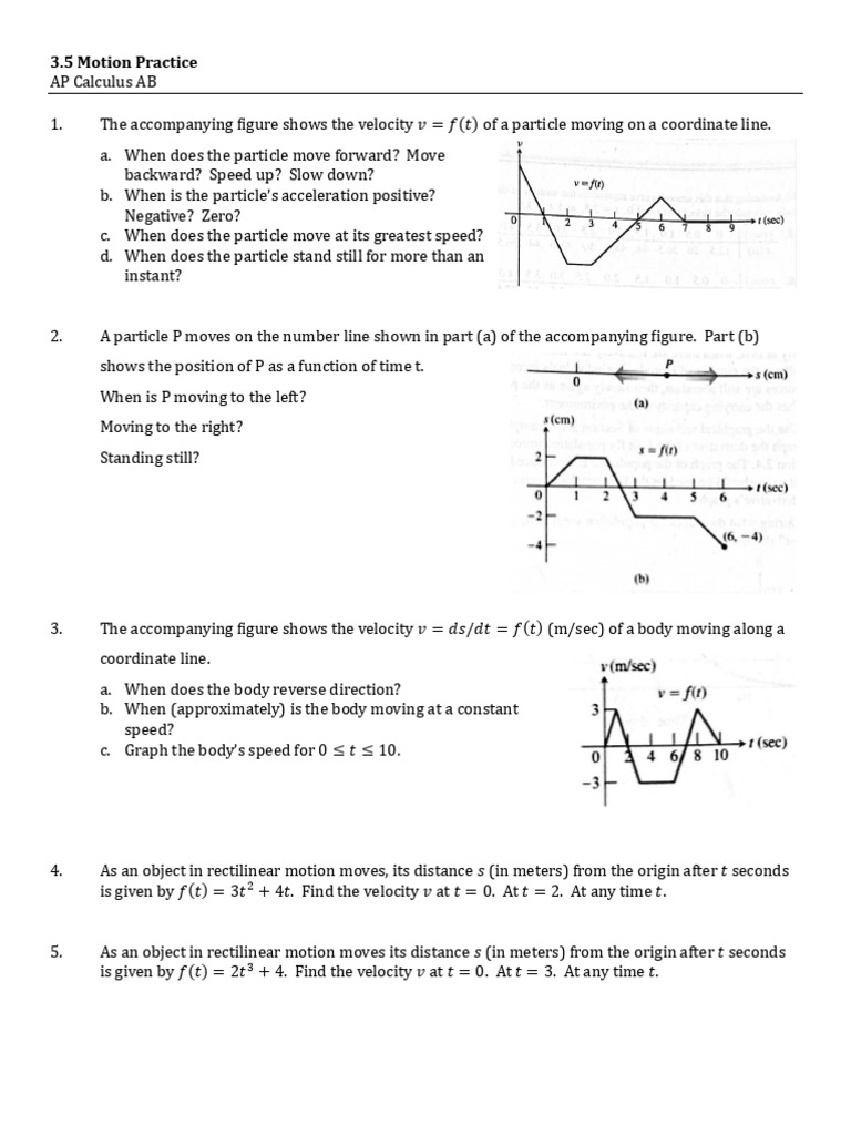 AP Calculus AB Motion Practice Guide | PDF | Velocity | Acceleration