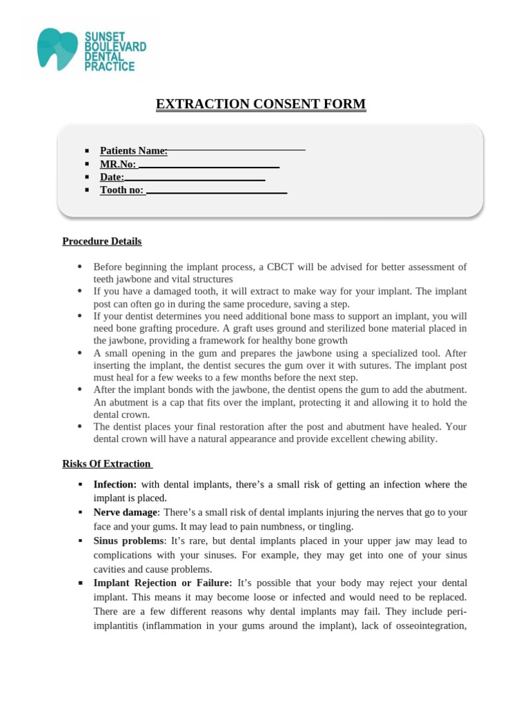 Dental Implant Extraction Consent Form | PDF | Dental Implant | Dentistry
