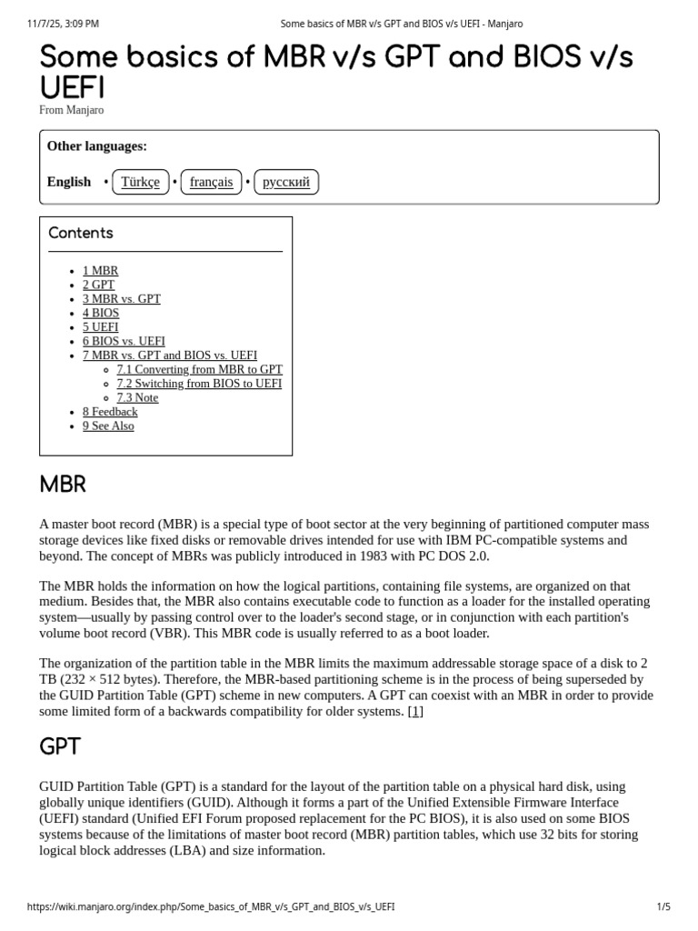 Some Basics of MBR V - S GPT and BIOS V - S UEFI - Manjaro | PDF ...
