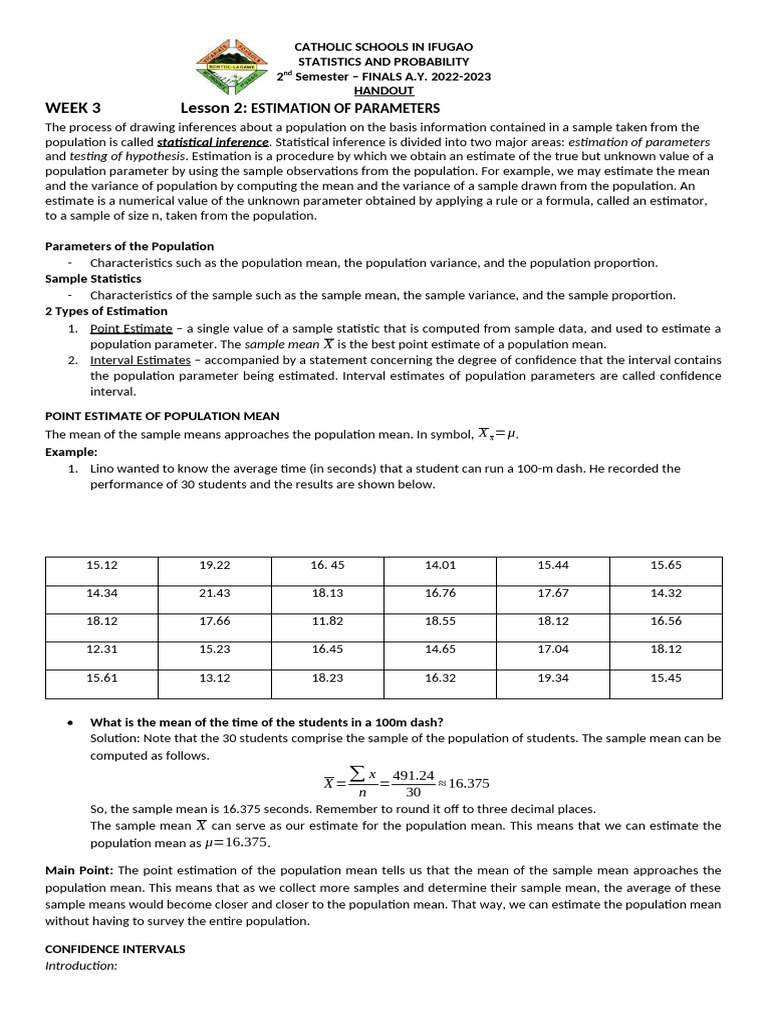 Stats & Prob Week3-Handout | PDF | Statistics | Confidence Interval