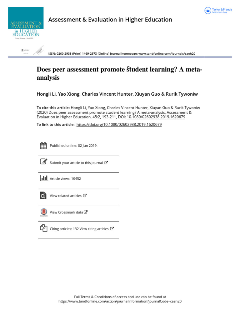 Peer Assessment's Impact on Learning | PDF | Effect Size | English As A ...