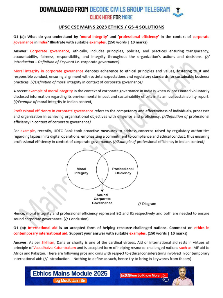 UPSC Ethics Mains 2023 Solutions Guide | PDF | Governance | Emotional ...