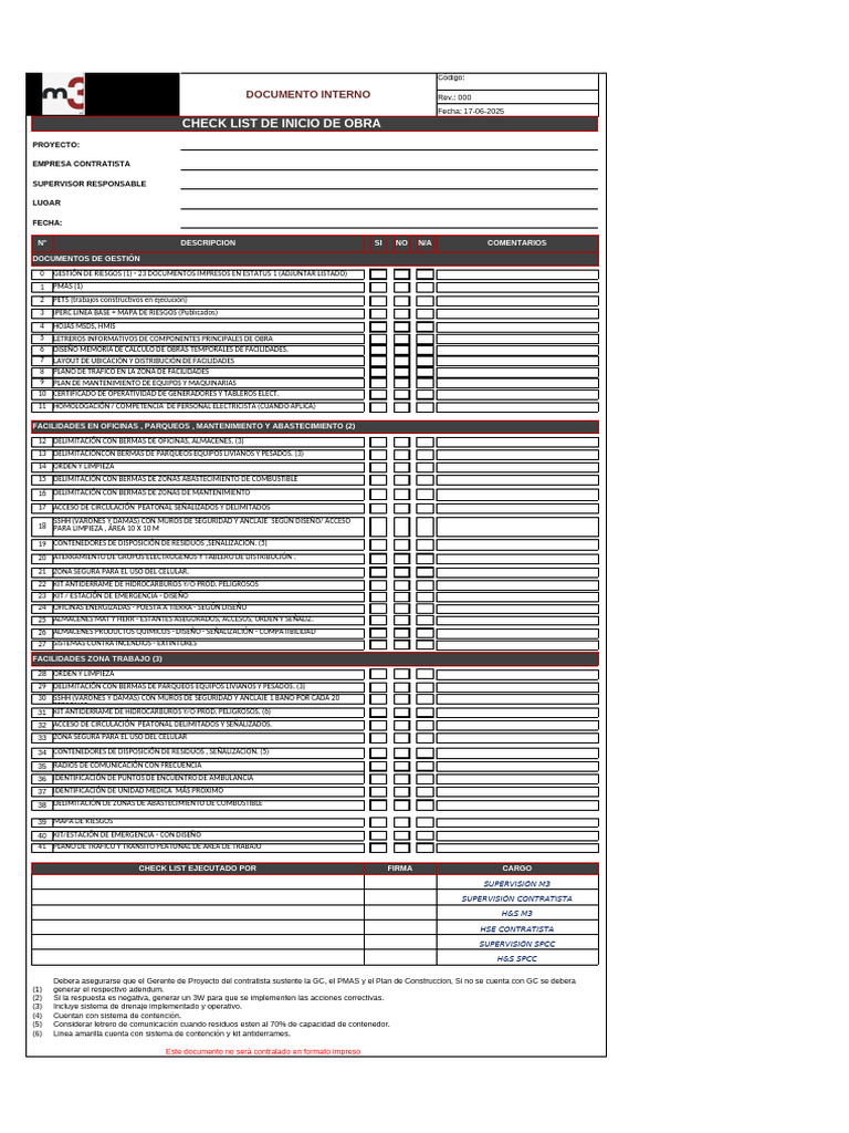 Check List para Inicio de Obra 2025 | PDF | Higiene Ocupacional