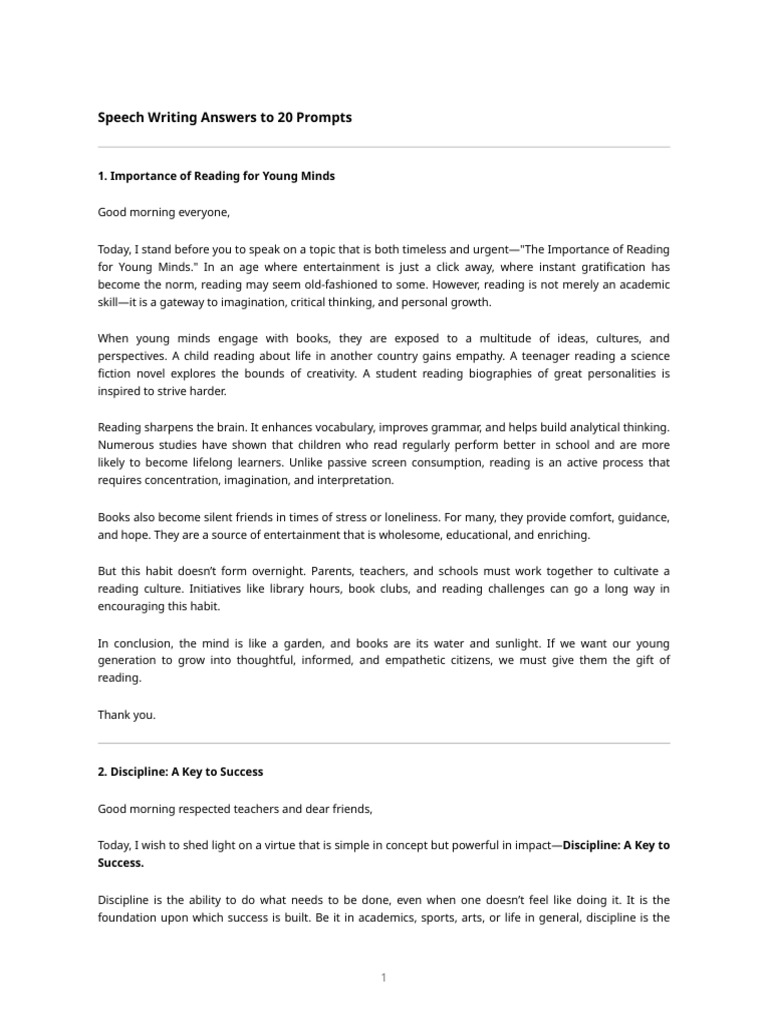 Speech Writing: 20 Engaging Prompts | PDF | Disciplines | Mental Health