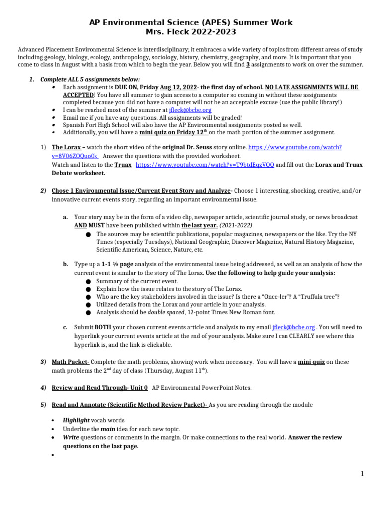 AP Environmental Science Summer Assignments | PDF | Natural Environment