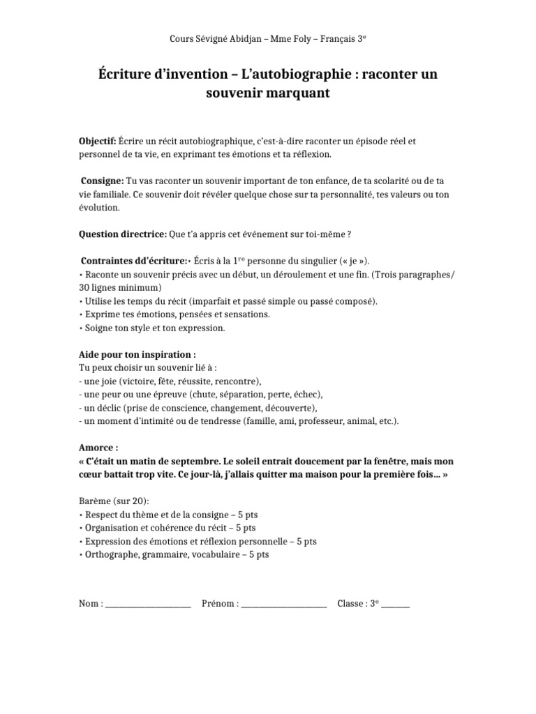 Récit autobiographique en 3ᵉ | PDF
