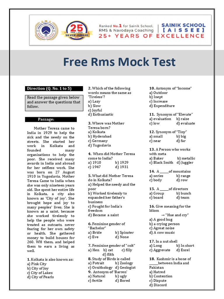 Free RMS Mock Test Questions | PDF