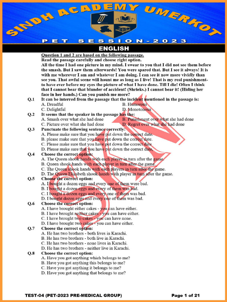 General Test-04 (Pet-2023, Pre-Medical Group) SPSC Umerkot by SKN | PDF