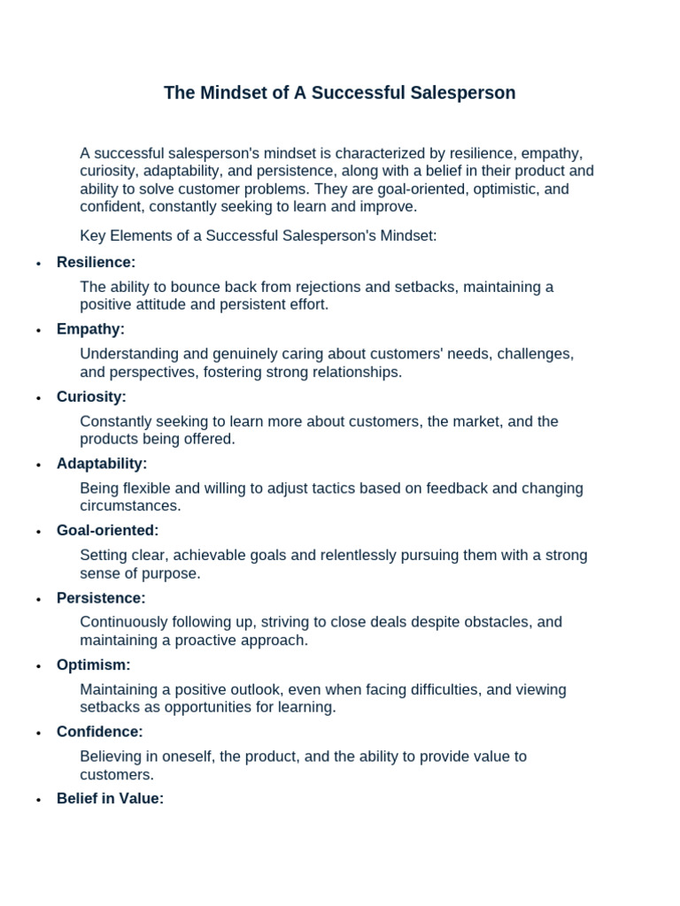 The Mindset of A Successful Salesperson II | PDF | Mindset ...