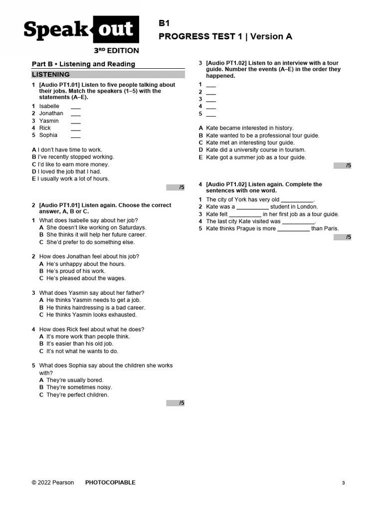 B1 Progress Test 1: Listening & Reading | PDF