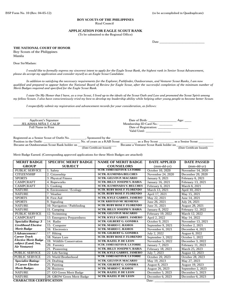 Eagle Scout Application Form BSP | PDF | Scouting | Youth Movements
