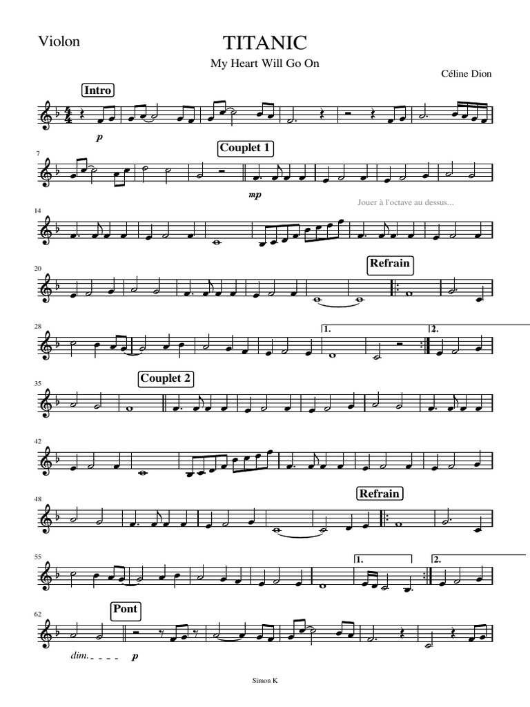 Easy Partition Piano Titanic My Heart Will Go On Violon | PDF