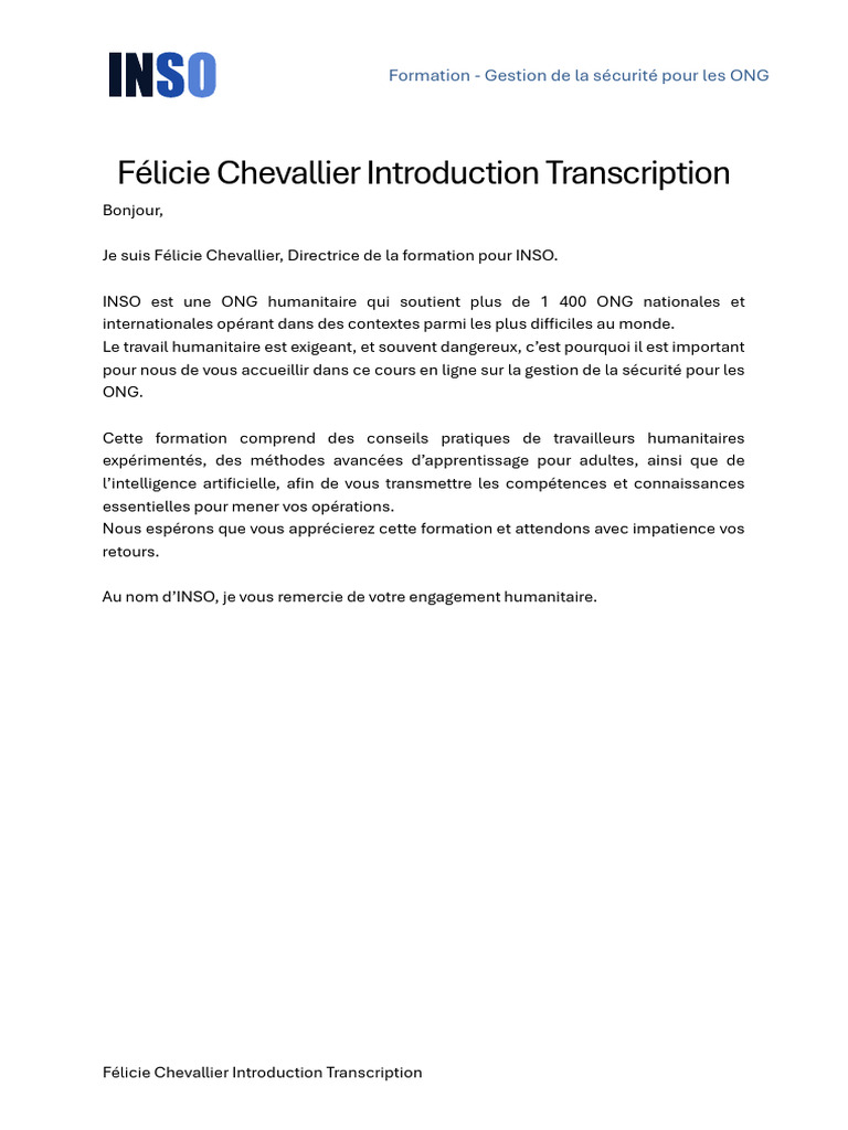 Formation sécurité pour ONG par INSO | PDF