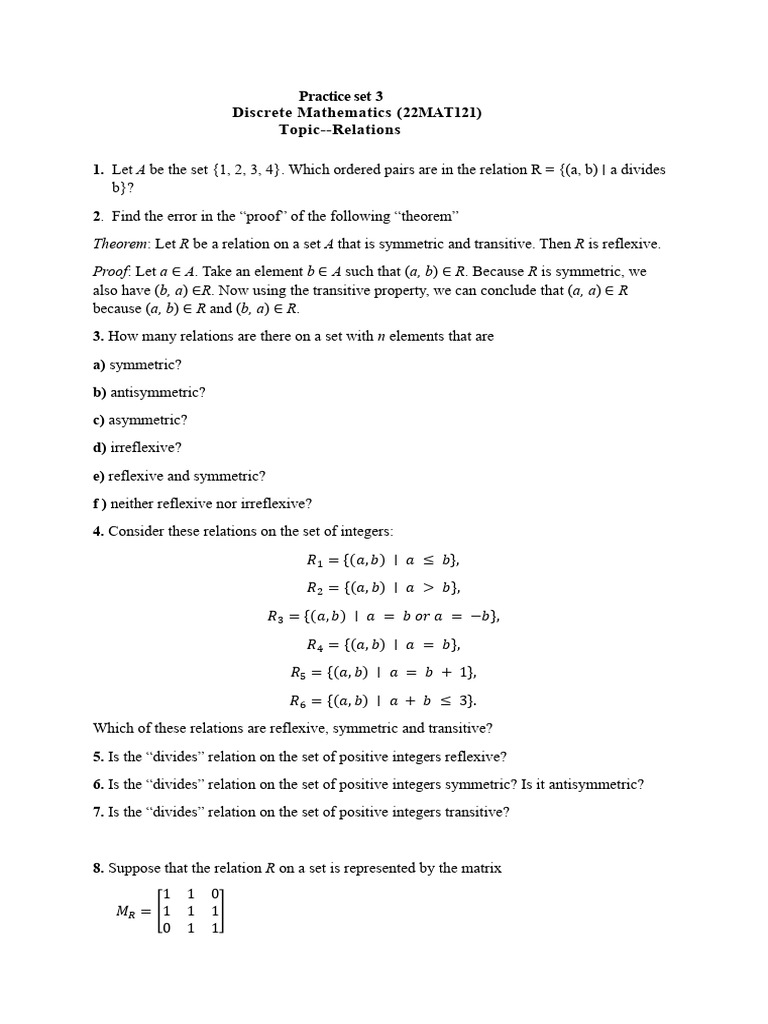 Discrete Math: Relations Practice Set | PDF | Mathematical Relations ...