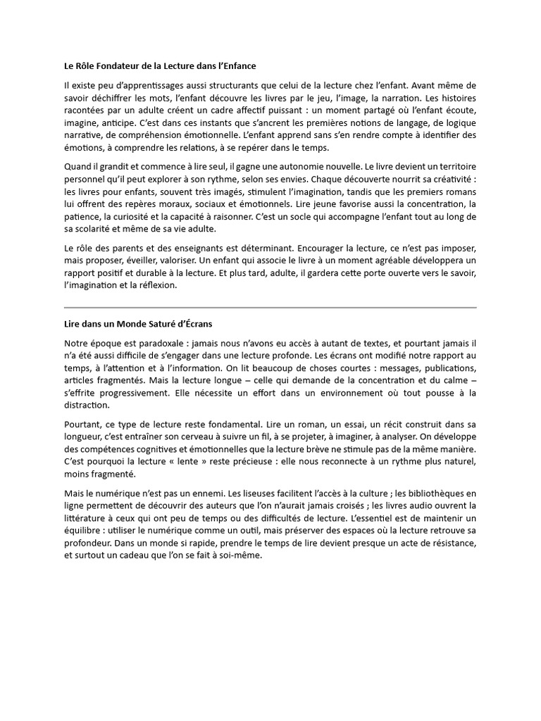 Importance de la Lecture chez l'Enfant | PDF | Émotions | Cognition