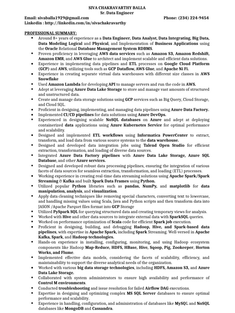Senior Data Engineer Resume Overview | PDF | Apache Spark | Apache Hadoop