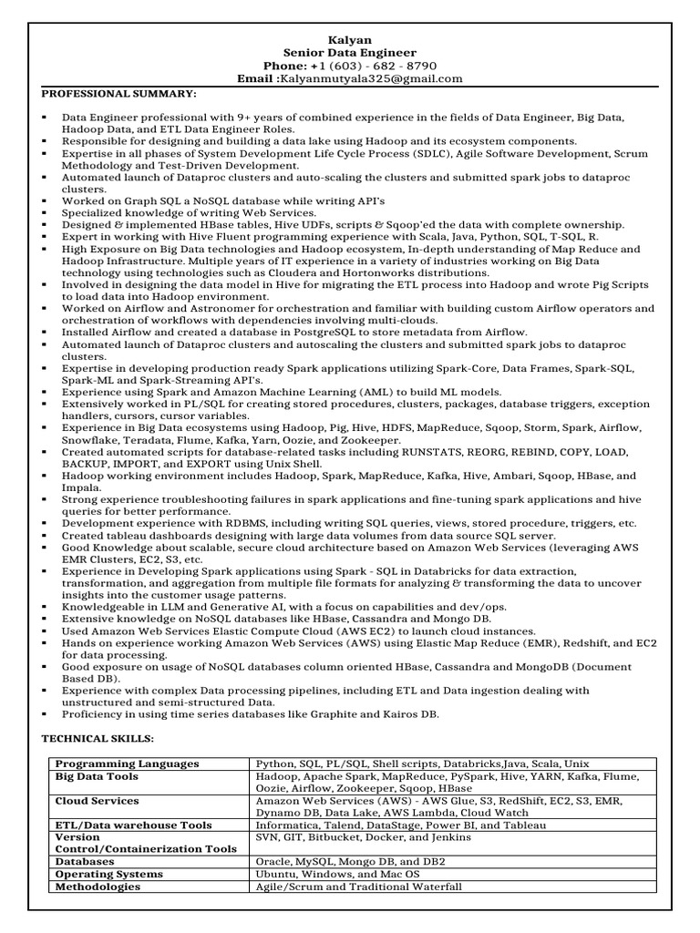 Senior Data Engineer Resume Overview | PDF | Apache Hadoop | Apache Spark