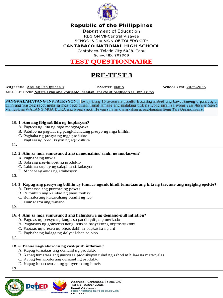 Pre-Test & Post-Test 3 - Q3 - A.P. 9 - S.Y. 2025-2026 | PDF