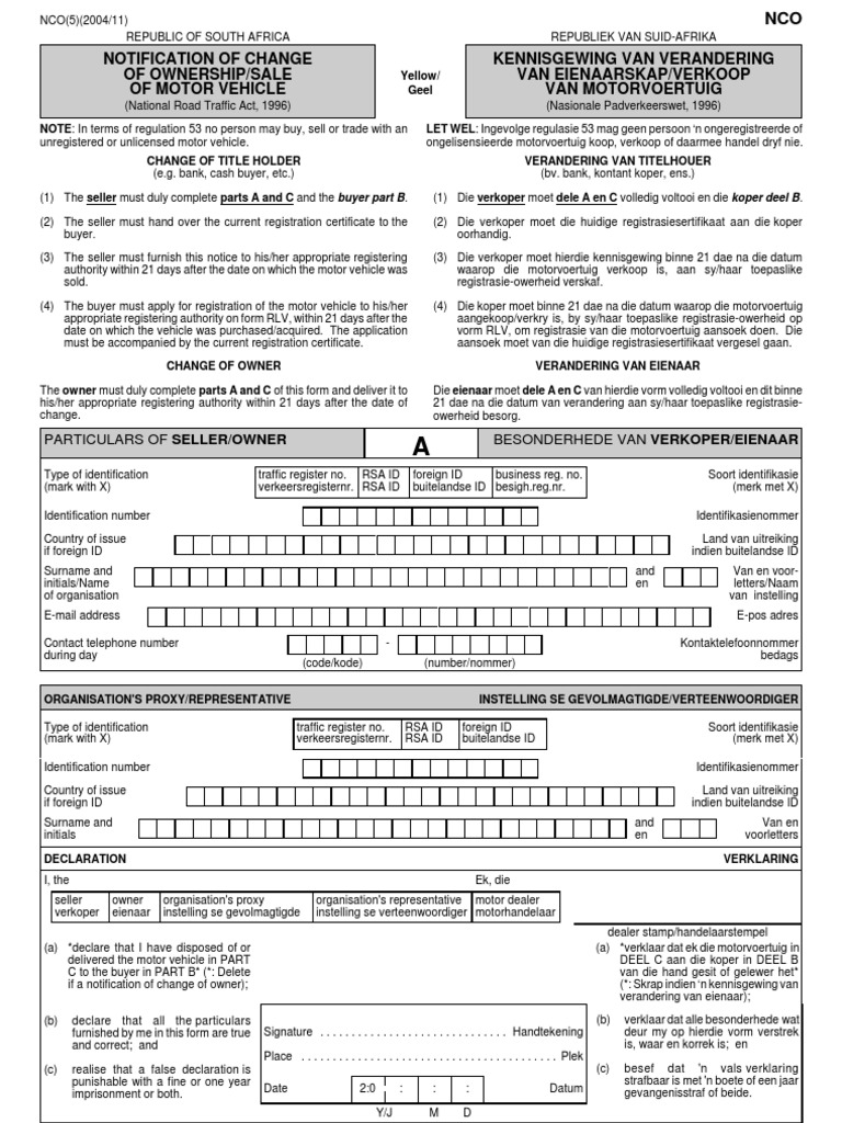 Notification of Change of Ownership, Sale of Motor Vehicle (Form NCO